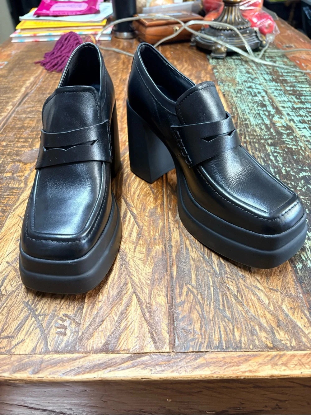 Steve Madden Perry Black Platform Loafers Chunky Heel Penny Slip On Shoes
